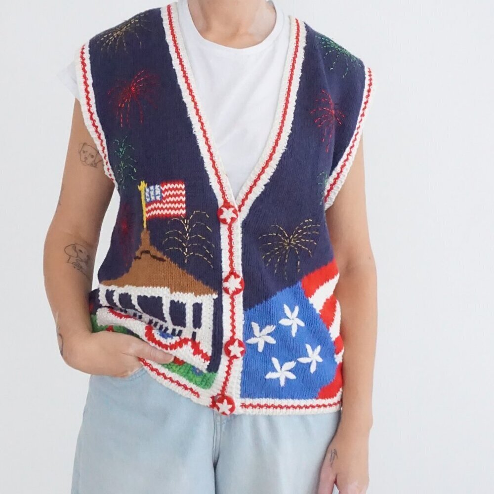Vintage Belle Pointe Navy Patriotic Flag Fireworks Americana Flag Knit Vest M